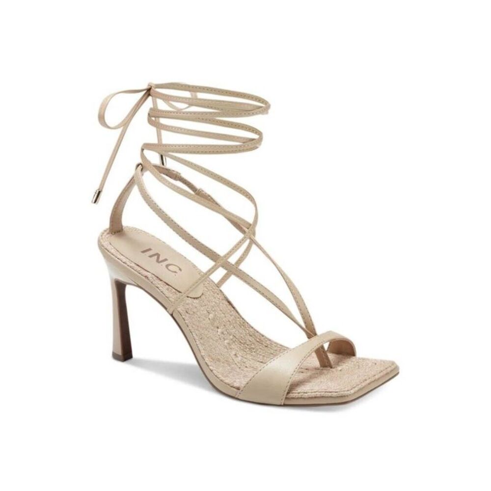 INC Womens Beige Strappy Sawyer Square Toe Stiletto Heeled Thong Sandals 8 M